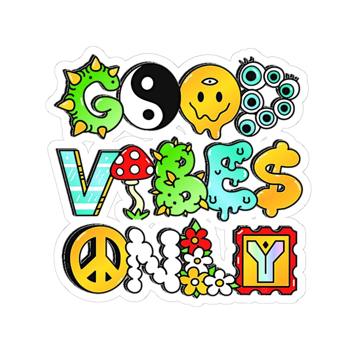 Good Vibes Only Hippie waterproof Decal no-bubble sticker for car, laptop, book, water bottle, etc