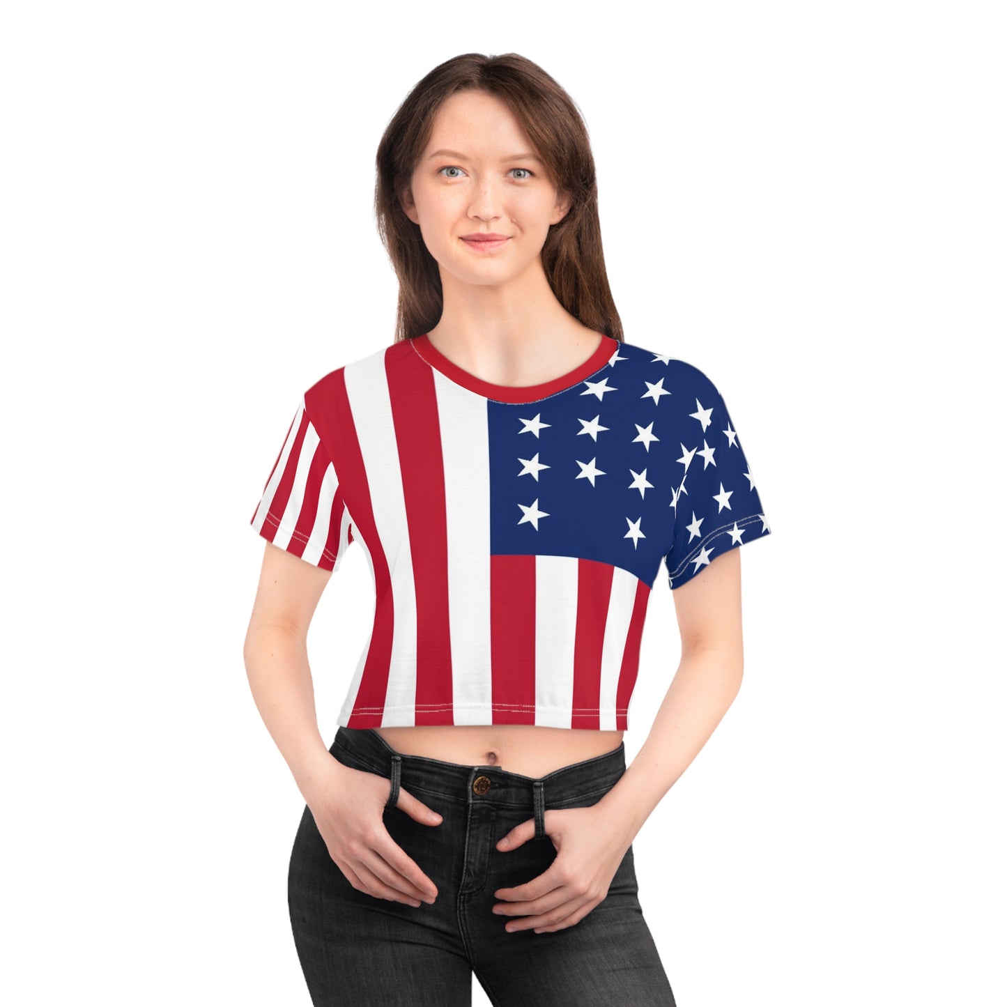 Womens American Flag Crop Top Patriotic Sweatproof Summer Tee for Independence Day
