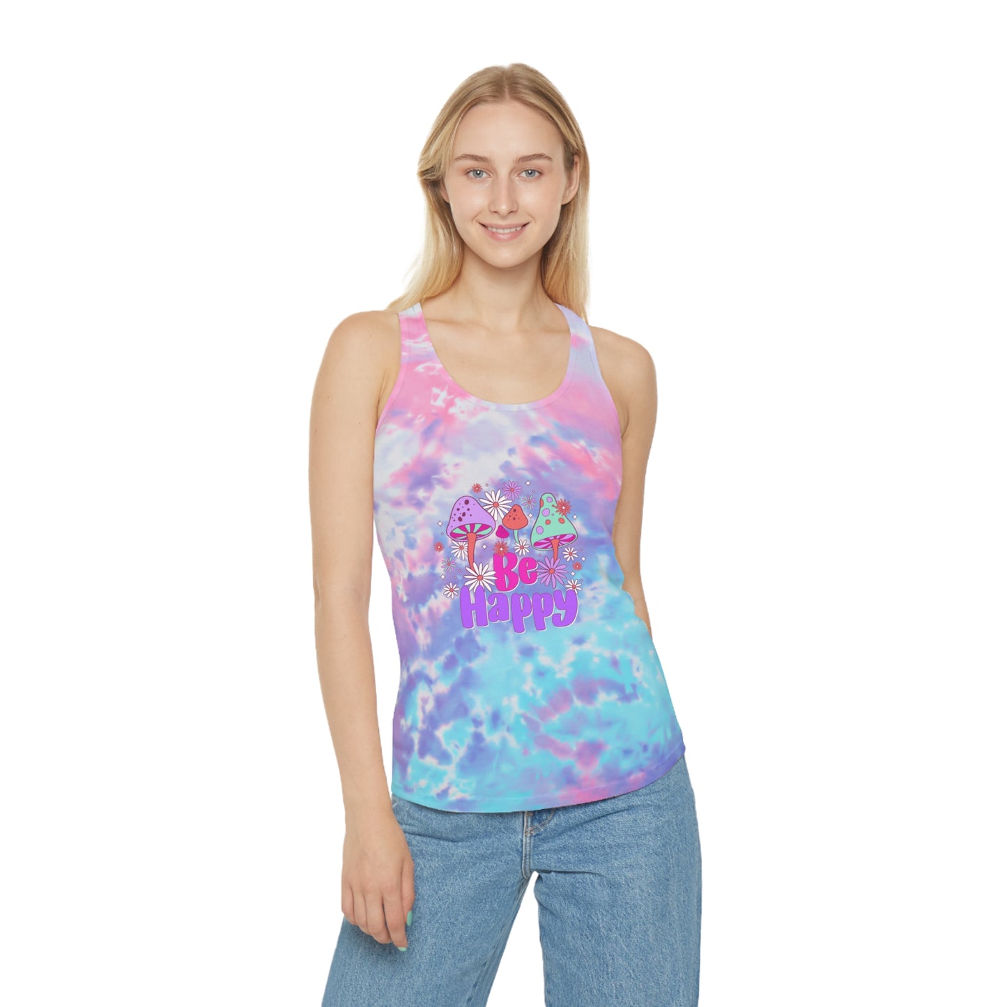 Be Happy Magic Mushroom Womens Tie Dye Racerback Tank Top