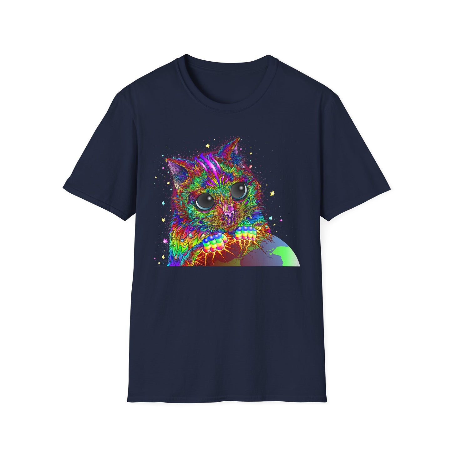 Psychedelic Space Kitty Cosmic Cat Softstyle Cotton T-Shirt EDM Rave Music Festival Tee Mens Womens Unisex