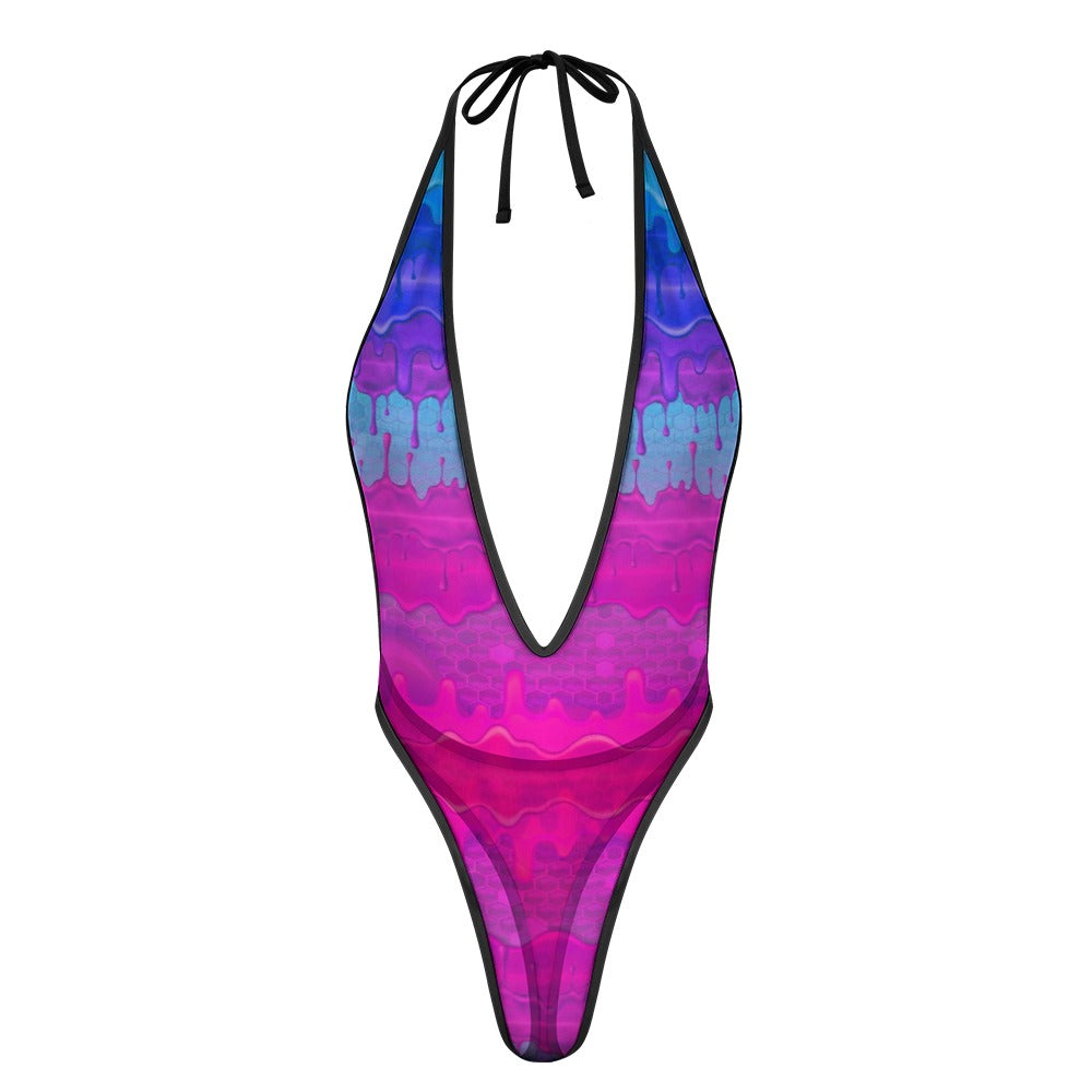 Sexy Swimsuit Women's Extreme One-Piece Mesh Revealing Swimwear Deep V Cleavage Thong Bottom Booty Quick Dry Tie-On Bathing Suit