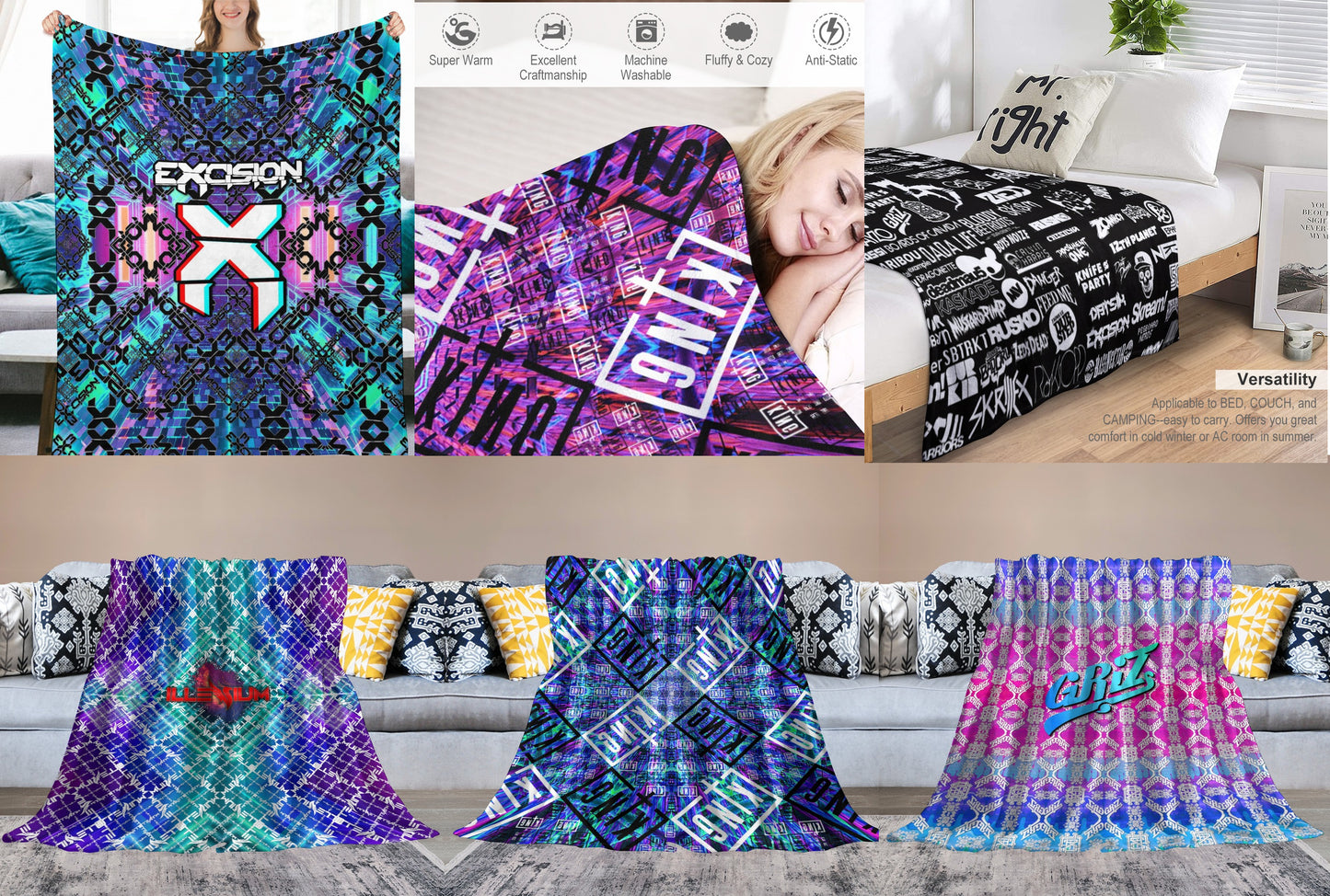 Custom EDM Artists Ultra-Soft Flannel Blanket for Camping Festival Rave in Multiple Sizes