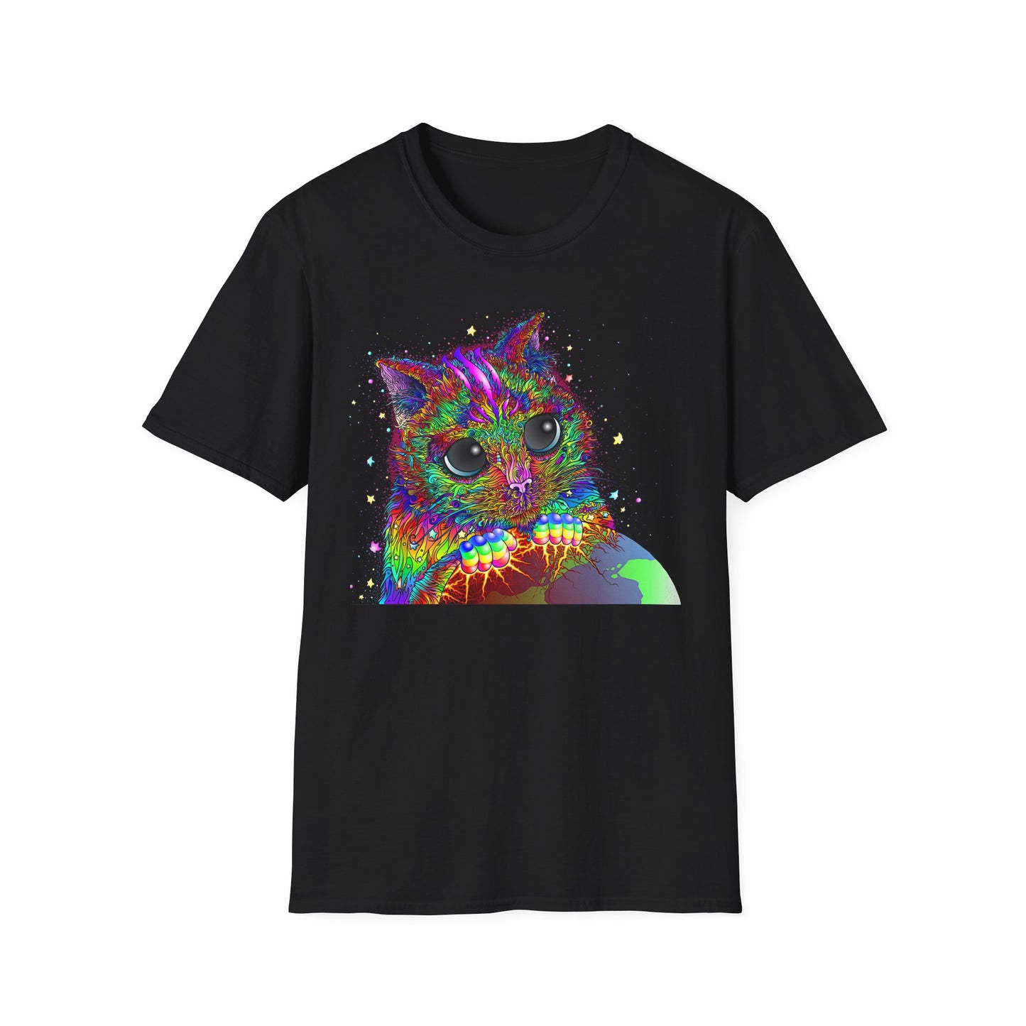 Psychedelic Space Kitty Cosmic Cat Softstyle Cotton T-Shirt EDM Rave Music Festival Tee Mens Womens Unisex