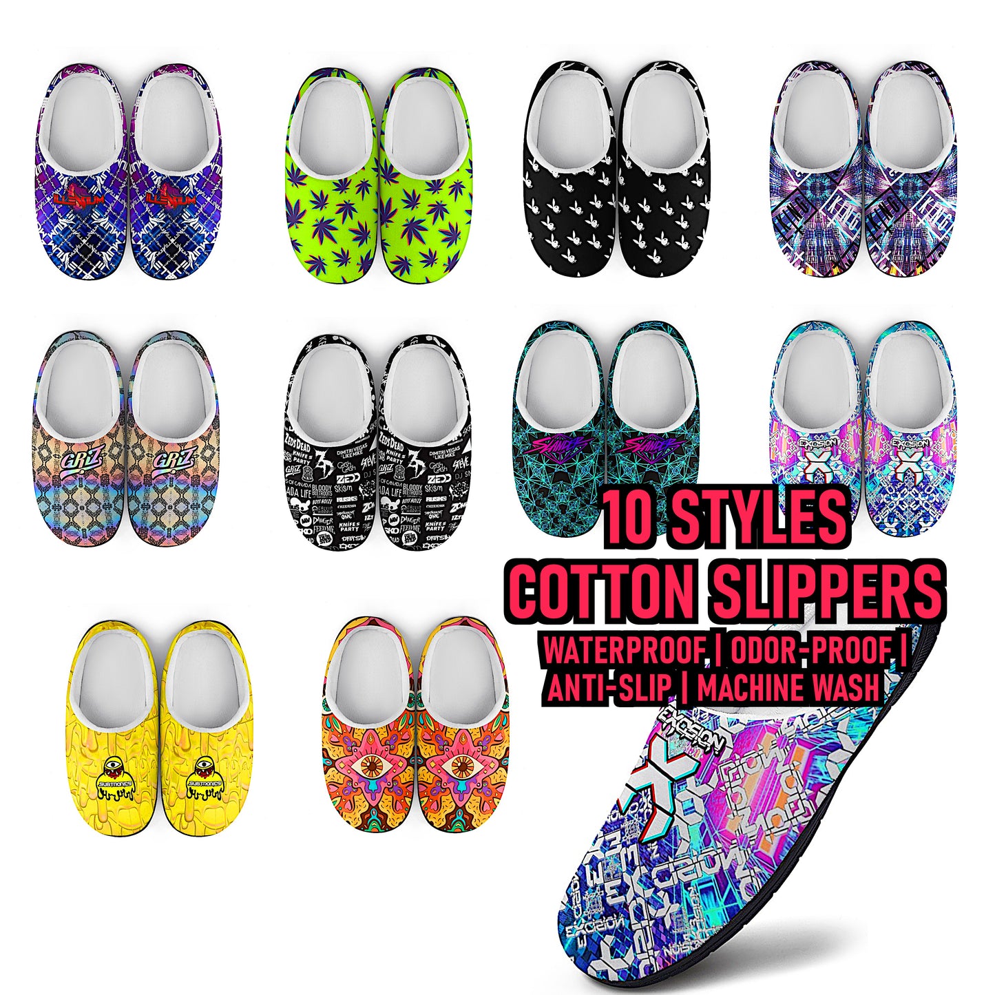 EDM Artist Cotton Slippers Soft, Comfy, No-Slip, Waterproof, Odor-resistant Music Festival Rave Gifts Mens Womens Unisex LIMITED EDITION