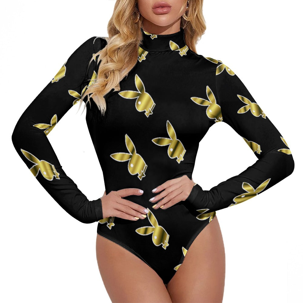 Playboy Print High Neck Longsleeve One Piece Bodysuit with Zipper Closure