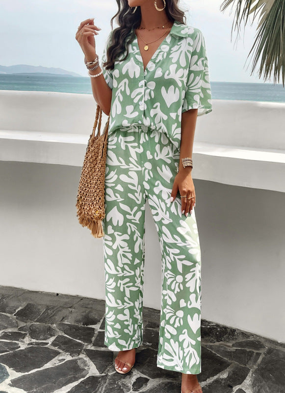 Elegantly Comfy Boho 2pc Short-sleeved Top and Pants