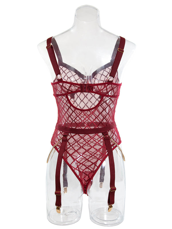 Fishnet Teddy Lingerie Set with Chain Detail and Adjustable Garters