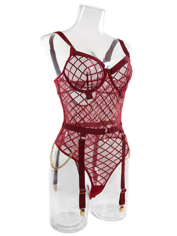 Fishnet Teddy Lingerie Set with Chain Detail and Adjustable Garters