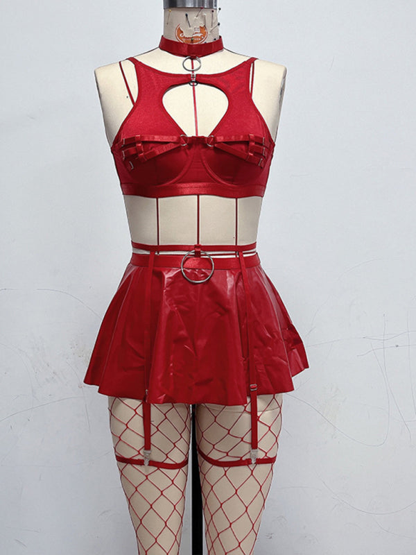 Faux Leather 5pc Rave Outfit Set with Keyhole Bra, Mini Skirt, Collar, Garters, Fishnet Stockings