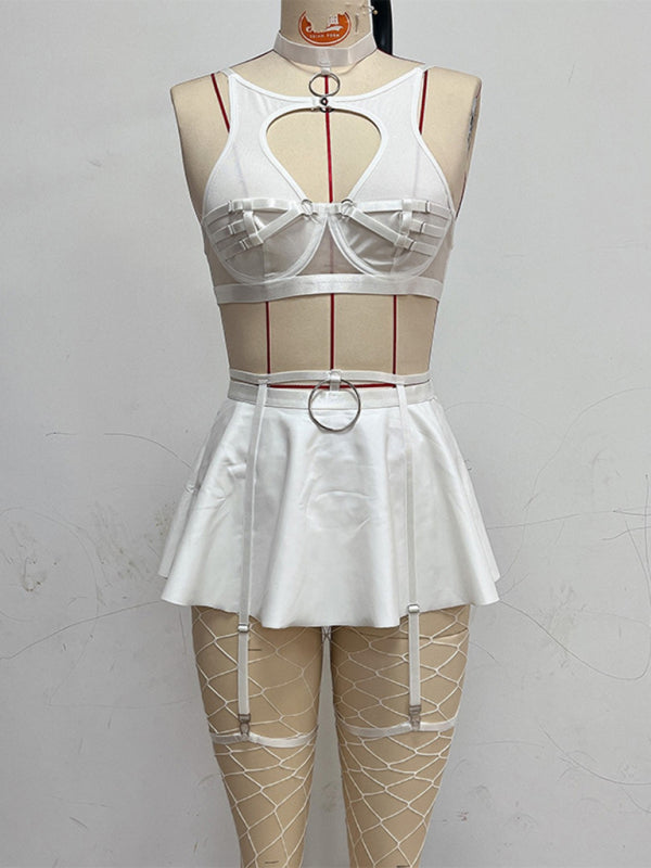 Faux Leather 5pc Rave Outfit Set with Keyhole Bra, Mini Skirt, Collar, Garters, Fishnet Stockings