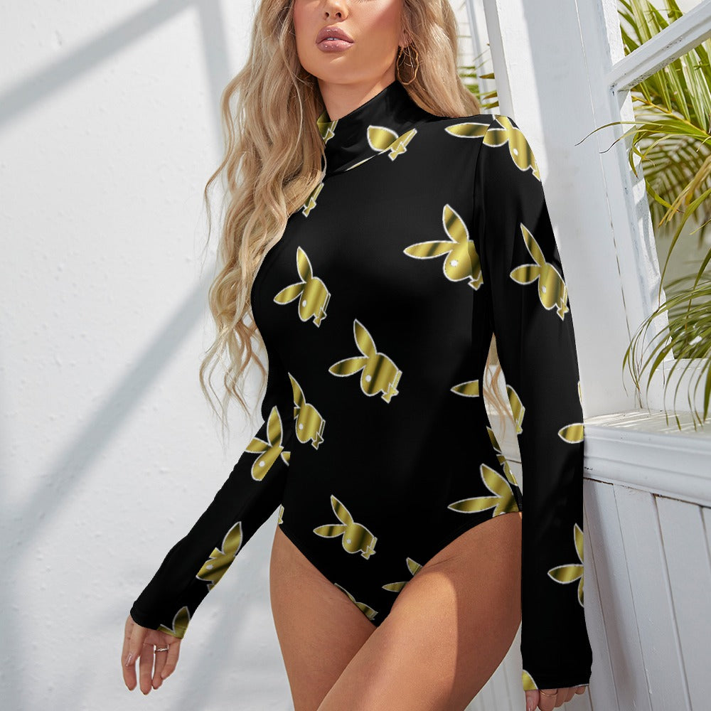 Playboy Print High Neck Longsleeve One Piece Bodysuit with Zipper Closure