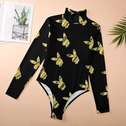 Playboy Print High Neck Longsleeve One Piece Bodysuit with Zipper Closure