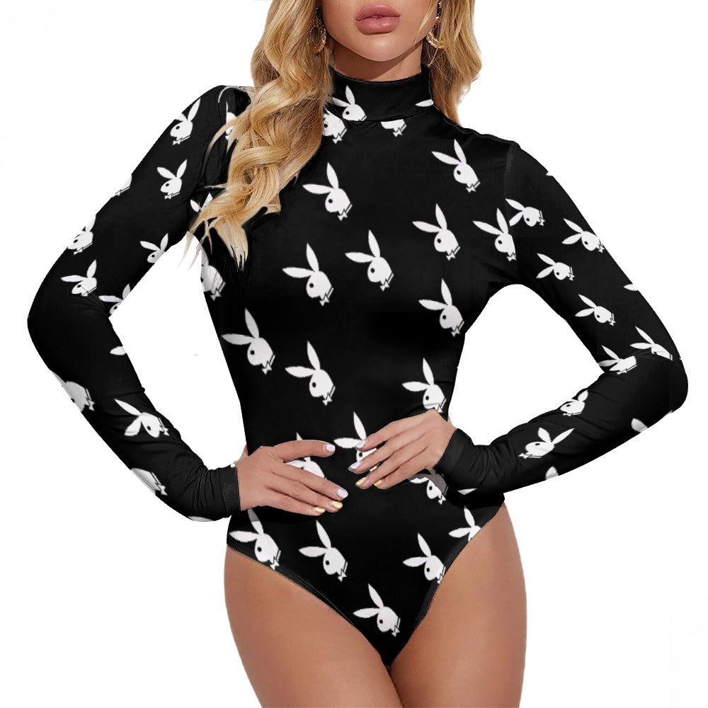 Playboy Print High Neck Longsleeve One Piece Bodysuit with Zipper Closure