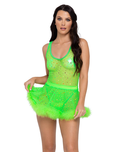 Sheer Dotted Green Romper Mesh Bodysuit
