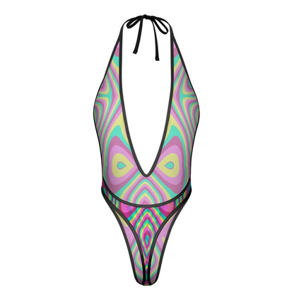Sexy Swimsuit Women's Extreme One-Piece Mesh Revealing Swimwear Deep V Cleavage Thong Bottom Booty Quick Dry Tie-On Bathing Suit
