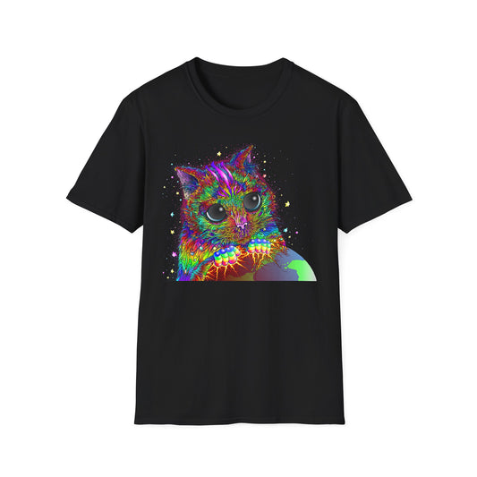 Psychedelic Space Kitty Cosmic Cat Softstyle Cotton T-Shirt EDM Rave Music Festival Tee Mens Womens Unisex