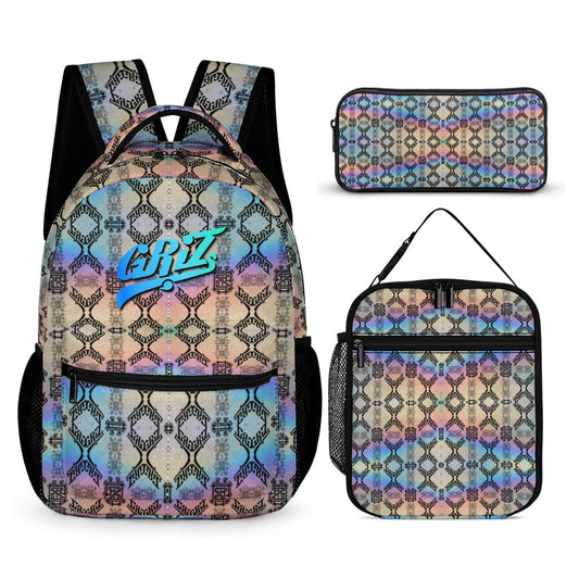 Griz Holographic Backpack with Free Lunchbox and Pencil Case Included Back to School 3pc Set