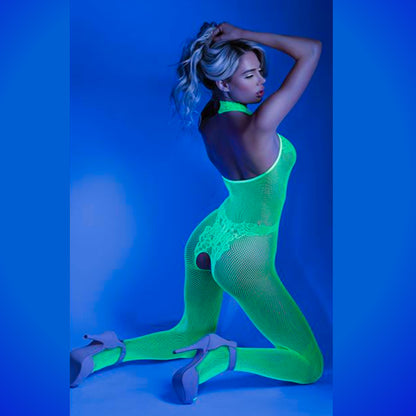 Glow Black Light Sheer Crotchless Bodysuit