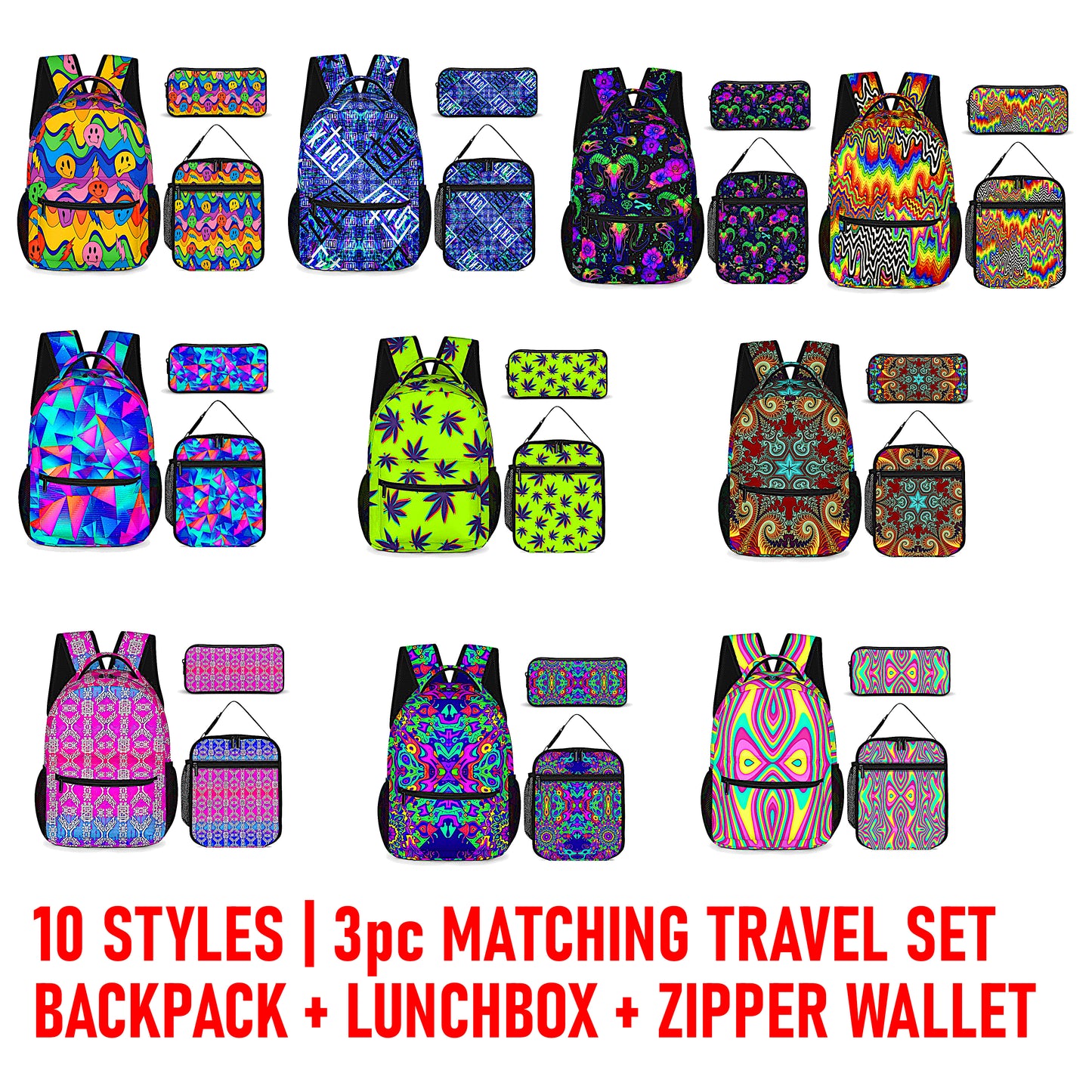 Psychedelic Backpack, Lunchbox, and Wallet Three piece set combination Travel Bag Package Set