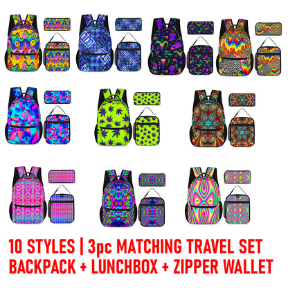 Psychedelic Backpack, Lunchbox, and Wallet Three piece set combination Travel Bag Package Set