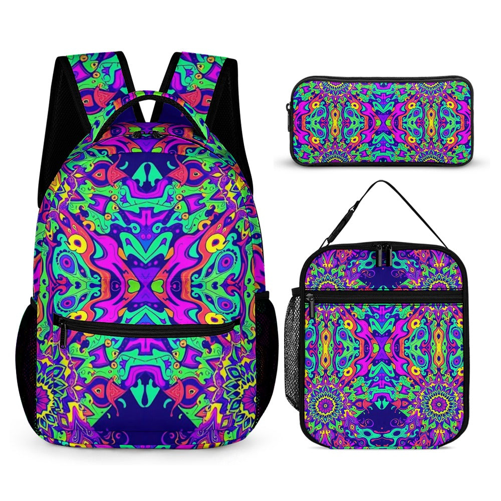 Psychedelic Backpack, Lunchbox, and Wallet Three piece set combination Travel Bag Package Set
