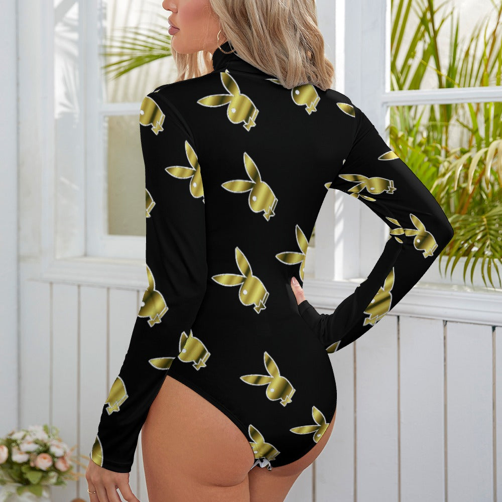 Playboy Print High Neck Longsleeve One Piece Bodysuit with Zipper Closure