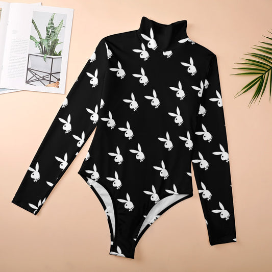 Playboy Print High Neck Longsleeve One Piece Bodysuit with Zipper Closure