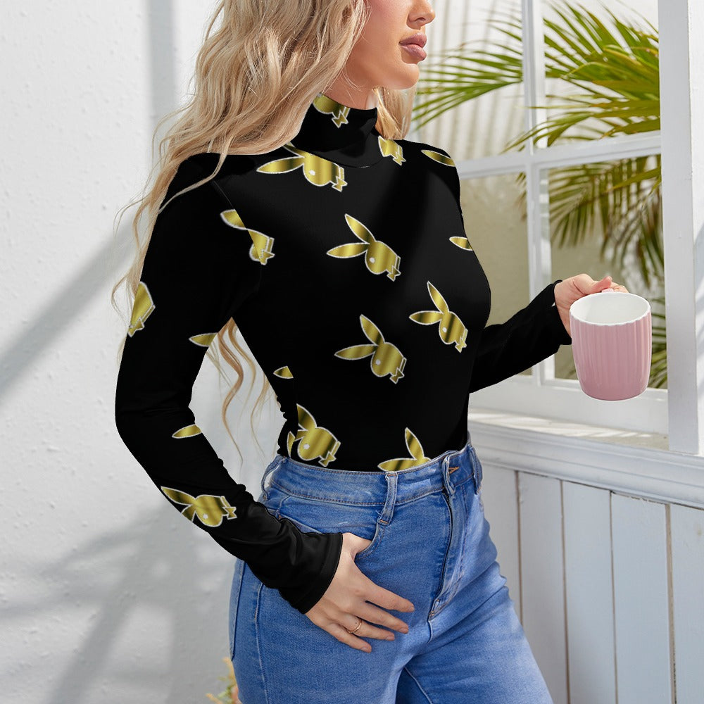 Playboy Print High Neck Longsleeve One Piece Bodysuit with Zipper Closure