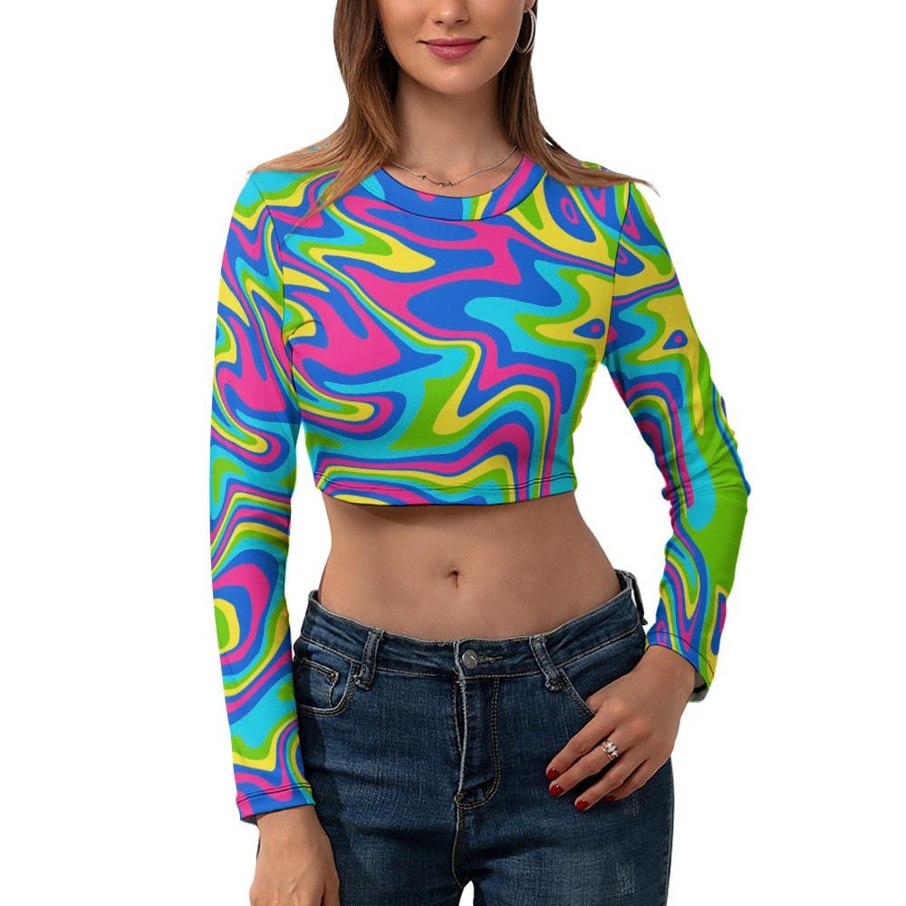 Women's Long Sleeve Round Neck Rave Crop Top Sweat-proof Odor-Resistant Summer Music Festival Dancewear Outfit