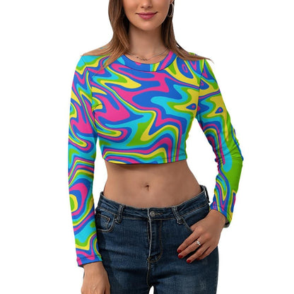Women's Long Sleeve Round Neck Rave Crop Top Sweat-proof Odor-Resistant Summer Music Festival Dancewear Outfit