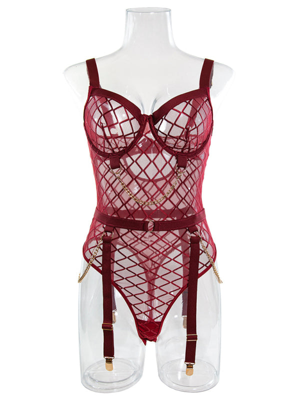 Fishnet Teddy Lingerie Set with Chain Detail and Adjustable Garters