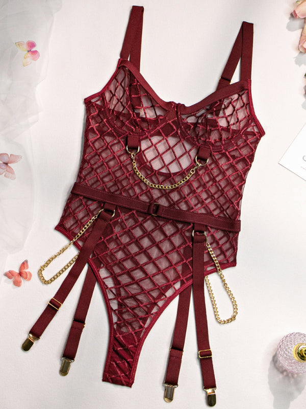 Fishnet Teddy Lingerie Set with Chain Detail and Adjustable Garters
