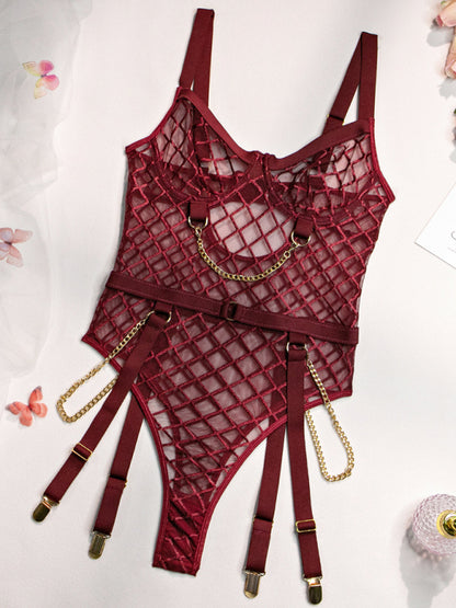 Fishnet Teddy Lingerie Set with Chain Detail and Adjustable Garters