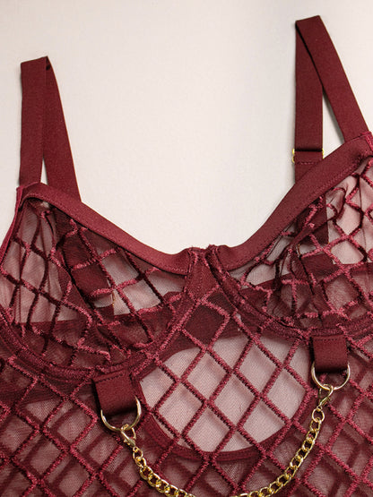 Fishnet Teddy Lingerie Set with Chain Detail and Adjustable Garters