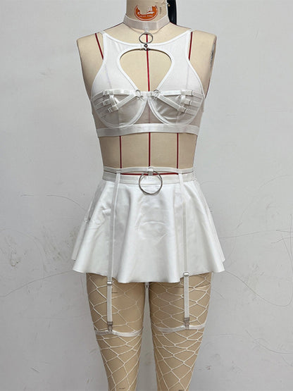 Faux Leather 5pc Rave Outfit Set with Keyhole Bra, Mini Skirt, Collar, Garters, Fishnet Stockings