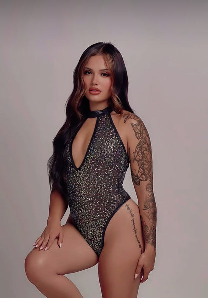 Sequin Fishnet Keyhole Romper Bodysuit