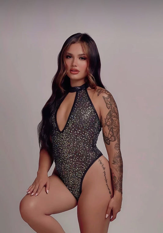 Sequin Fishnet Keyhole Romper Bodysuit