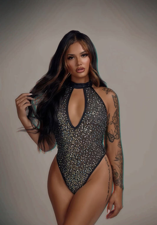 Sequin Fishnet Keyhole Romper Bodysuit